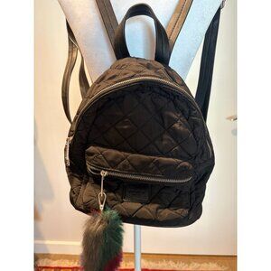 Pull & Bear Black Quilted Mini Backpack with Rainbow Faux Fur Pom - OS